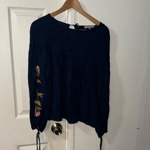 Papaya Navy Blouse with Floral Sleeve Detail
